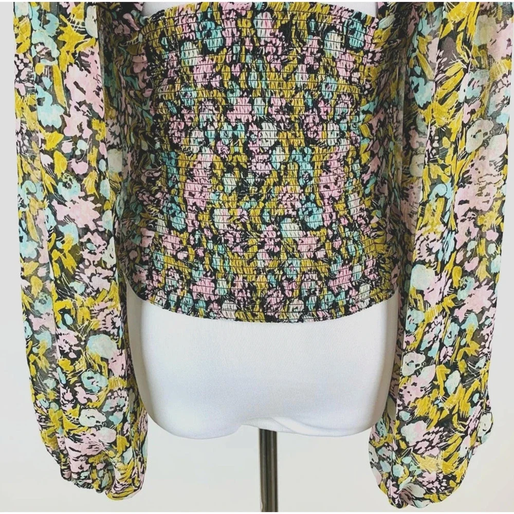 Free People Mabel Lace-Up Top XS Blouse Smocked Floral Bohemian Long Puff Sleeve
